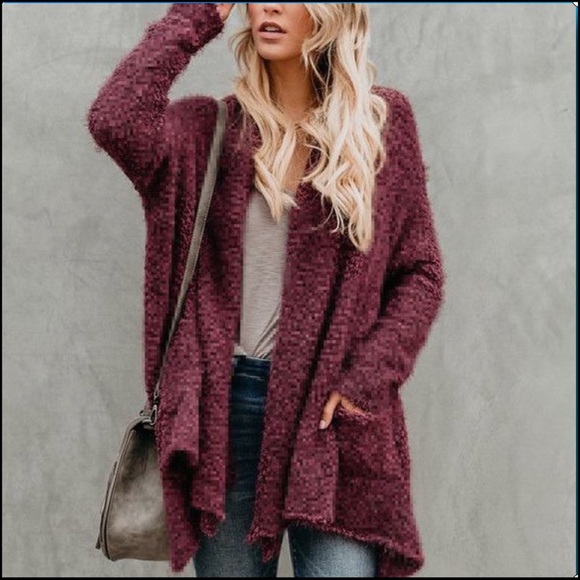 Teddy Bear Soft Cardigan in Wine - Picture 2 of 8